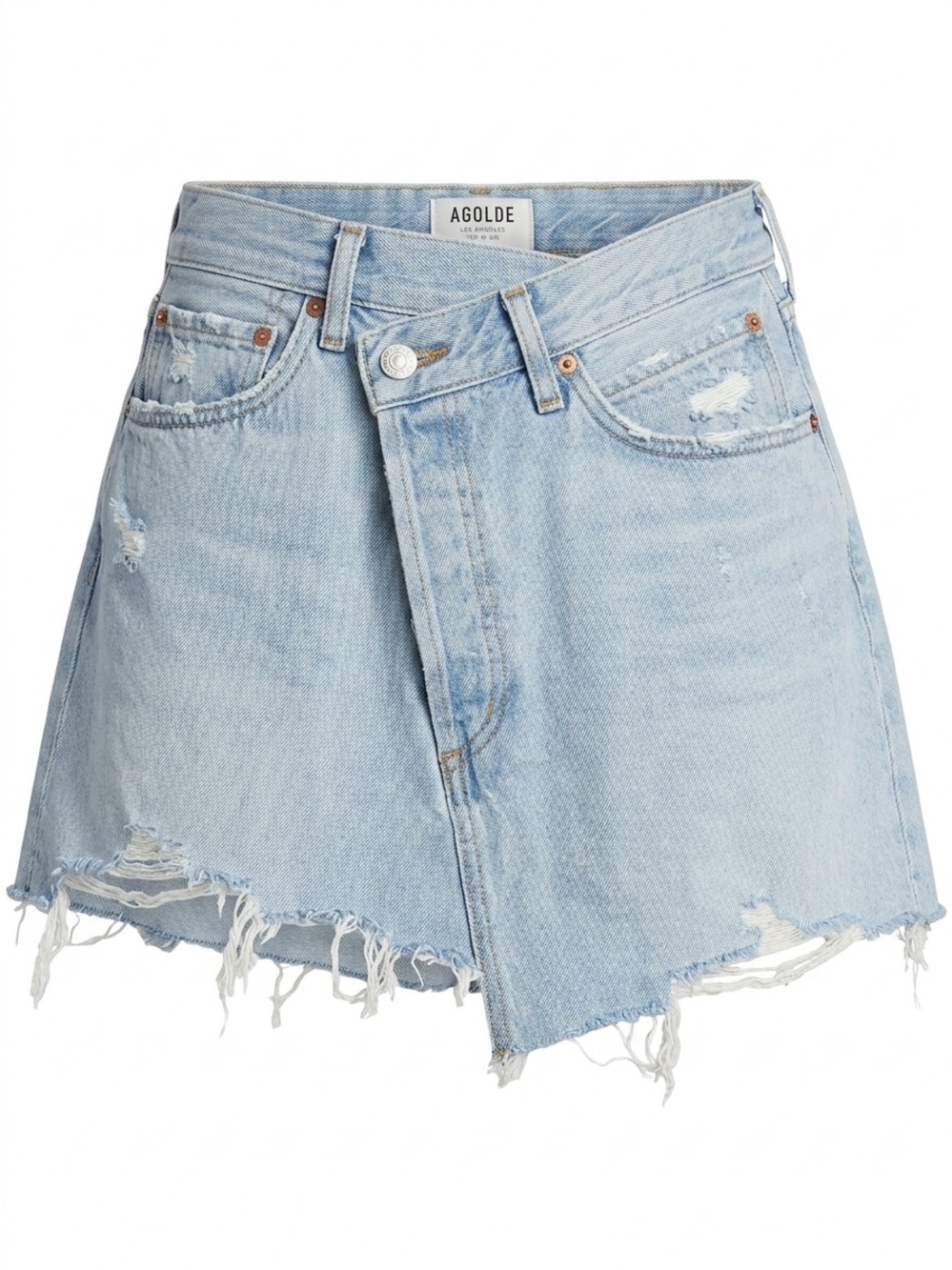 Agolde Light Blue Asymmetrical Criss Cross Distressed Denim Mini Skirt